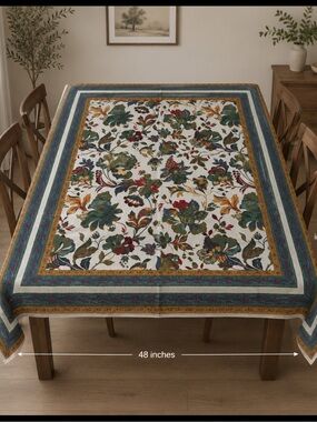 HANDPRINT India COTTON TABLECLOTH Kalamkari Floral Motif 51" x 48"